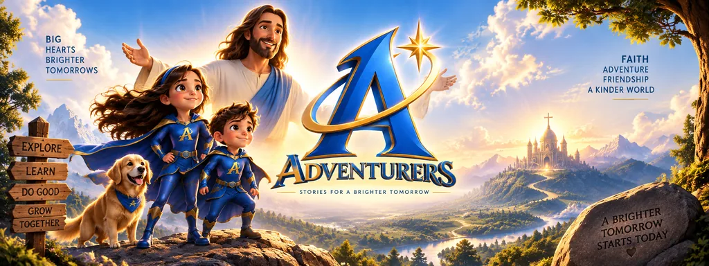 Illustration: J and S in blue caped costumes stand on a rock with a golden retriever while Jesus, behind them, opens his arms toward a large blue and gold letter A with a star, above a sunny valley and a castle on a hill. Text in the artwork reads: Adventurers, Stories for a Brighter Tomorrow.