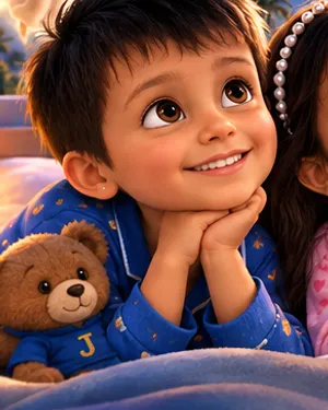 J, one of the two siblings, in blue star pajamas (Adventurers character reference)